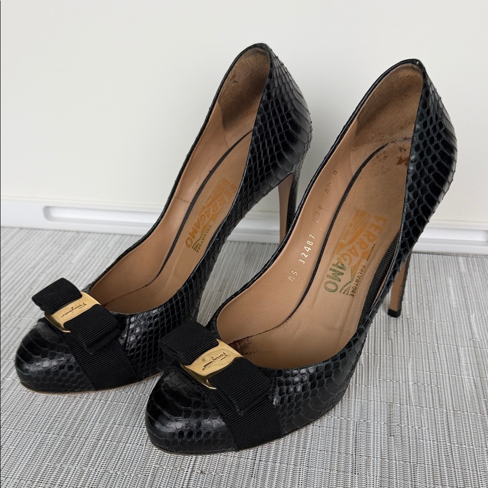 Salvatore Ferragamo Black Snakeskin Heels